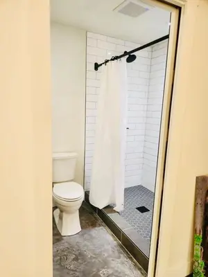 a bathroom with a toilet and a shower curtain at 2 Homes by the River in Three Rivers