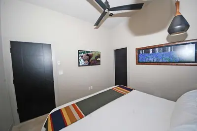 a bedroom with a bed and a ceiling fan at 676 El Dorado Avenue home in South Lake Tahoe