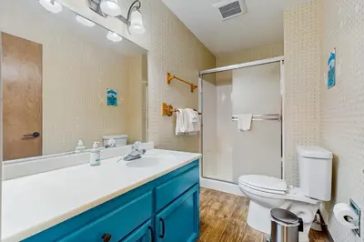 a bathroom with a sink and a toilet and a shower at Pine Hill Hideaway in South Lake Tahoe