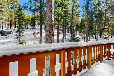 a wooden deck with snow on it in the woods at Pine Hill Hideaway in South Lake Tahoe
