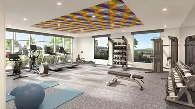 a gym with exercise equipment and windows in a room at Home2 Suites By Hilton Carson City in Carson City