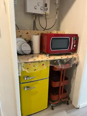 a microwave sitting on top of a kitchen counter at Cozy Artistic Teen Room, Fun & Full of Personality in Bodfish
