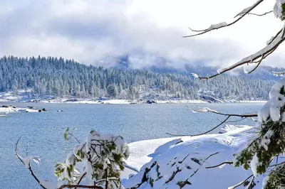 a view of a lake with snow covered trees at Little Ski Lodge-Across from Spa & Sauna in Shaver Lake