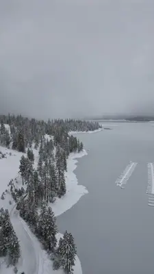 an aerial view of a lake with snow and trees at Smoke Tree-Newly Updated Family Retreat in Shaver Lake
