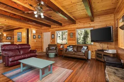 a living room with a flat screen tv and leather furniture at Black Diamond-Family Pet Friendly & Near China Peak in Big Creek