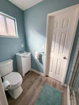 a bathroom with a toilet and a sink and a door at Charming Lake Tahoe Getaway 30 Plus Days Bookings Only Accepted in Zephyr Cove