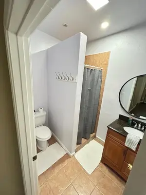 a bathroom with a toilet and a sink and a mirror at Luxe Cozy 1 bedroom 1 bathroom near downtown in Sacramento