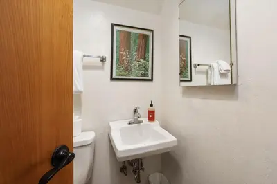 a bathroom with a sink and a toilet and a mirror at Blue Meadow-Family Pet Friendly & near the lake in Shaver Lake
