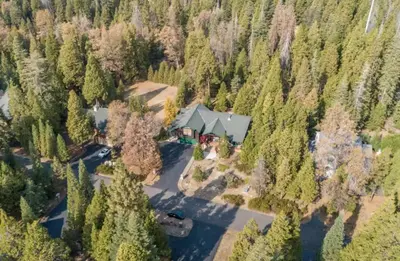 an aerial view of a house in the middle of a forest at Handels Pride- Family friendly Game Room & Views in Shaver Lake