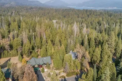an aerial view of a house in the middle of a forest at Handels Pride- Family friendly Game Room & Views in Shaver Lake