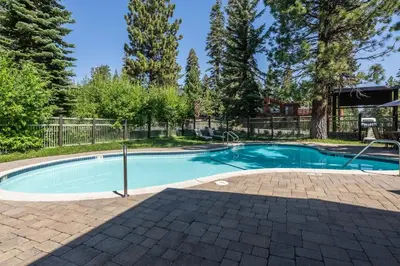 a swimming pool in a yard with trees at Mountainback 117 in Mammoth Lakes