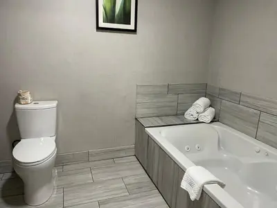 a bathroom with a toilet and a bath tub at Sisk Hotel in Modesto