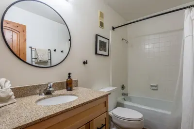 a bathroom with a sink and a toilet and a mirror at Mammoth Creek 36 in Mammoth Lakes