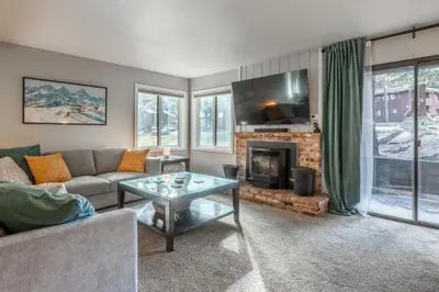 a living room with a couch and a fireplace at Wildflower 65 in Mammoth Lakes