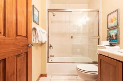 a bathroom with a shower and a toilet and a sink at Gray Eagle 5 in Mammoth Lakes