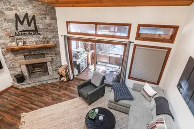 an overhead view of a living room with a fireplace at Winterset 20 in Mammoth Lakes