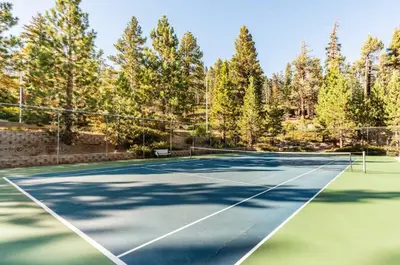 a tennis court with trees in the background at Mammoth Ski and Racquet 89 in Mammoth Lakes