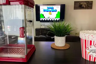 a table with a potted plant and a video game at Whispering Pines in Oakhurst