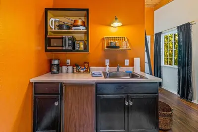 a kitchen with a sink and an orange wall at 16 mi to Yosemite - Rustic Studio - Hiking Nearby in Oakhurst
