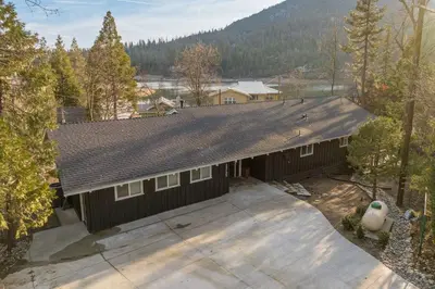 an overhead view of a house with a garage at Lake View Private Dock 18 miles to Yosemite in Bass Lake