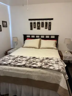 a large bed in a bedroom with two lamps at Turlocks Little Palace in Turlock