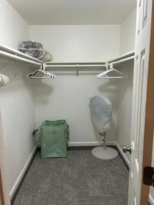 a small room with a toilet and a green bag at Turlocks Little Palace in Turlock