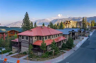 an aerial view of a town with houses and a street at Magnolia Lodge 1 in Mammoth Lakes