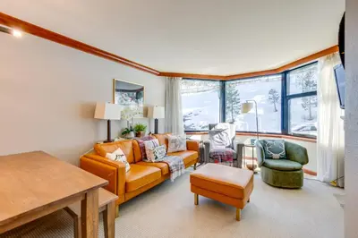 a living room with a couch and two chairs at Ski-InandSki-Out! 2BR Resort Condo with Pool, Hot Tub in Olympic Valley
