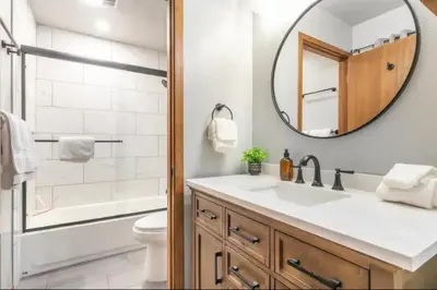 a bathroom with a sink and a mirror at Snowcreek 1 in Mammoth Lakes