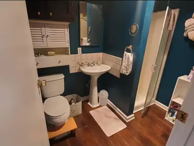 a bathroom with a toilet and a sink at Cozy Room in Rural Markleeville Cabin in Markleeville