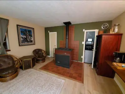 a living room with green walls and a kitchen with a refrigerator at Cozy Room in Rural Markleeville Cabin in Markleeville