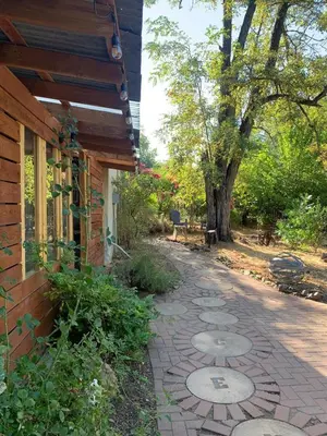 a stone walkway next to a building with a tree at Amador Wine Country Cottage in Fiddletown