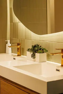 a bathroom sink with a mirror and a potted plant at Quiet retreat - Hot tub & sauna in Three Rivers in Three Rivers