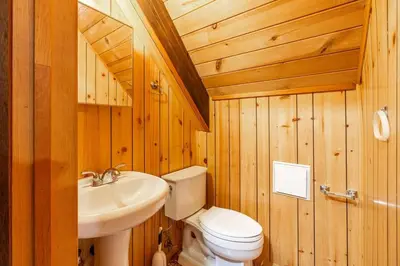 a bathroom with a toilet and a sink at Cozy Tahoma Family Cabin in the Pines Sleeps 6 Pets in Tahoma