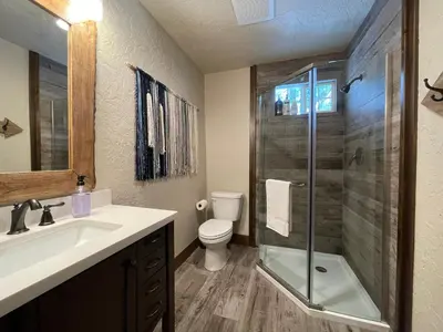 a bathroom with a shower and a toilet and a sink at The Little Dipper Cabin in Shaver Lake