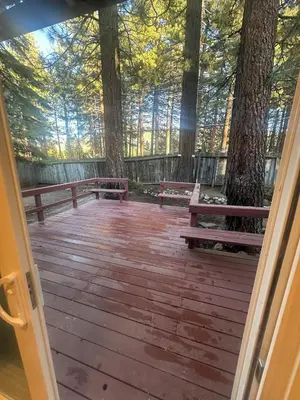 an open door to a deck with benches and trees at Hidden Gem House incredible location remodeled in South Lake Tahoe