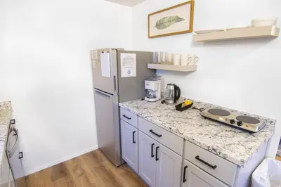 a kitchen with a refrigerator and a counter top at Fox Cabin - Lakefront - Sleeps 4 in Bass Lake