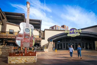 two people walking in front of a building with a guitar statue at Aspen Pines Chalet in South Lake Tahoe