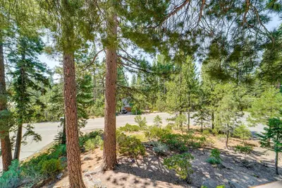 a view of a road through a forest of trees at Walk to Lake Tahoe Family Retreat with Deck! in Incline Village