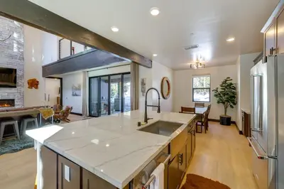 a kitchen with a sink and a counter top at Steps From Sledding Hill! Soda Springs Mtn Retreat in Soda Springs