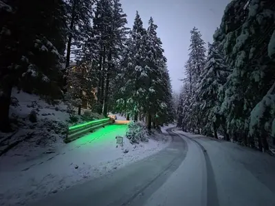 a snow covered road with green lights on it at El Capitan Hideaway - A-Frame Cabin Yosemite West in Yosemite West