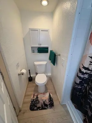 a small bathroom with a toilet and a rug at Half Dome Haven - Cozy Yosemite West Studio in Yosemite West