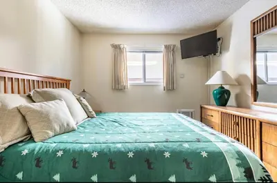 a bedroom with a bed with a green blanket and a television at Mammoth View Villas 39 in Mammoth Lakes