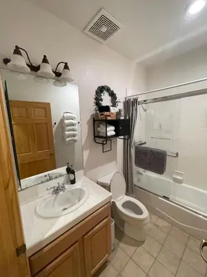 a bathroom with a sink and a toilet and a shower at Ski-in Ski-out Family Condo steps from lifts in Kirkwood