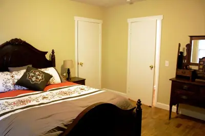 a bedroom with a bed and a dresser and a mirror at Beautiful house by the river and the villager in Fair Oaks