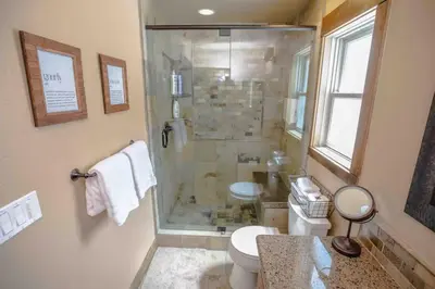 a bathroom with a shower and a toilet and a sink at Kirkwood Mountainside Cabin & Cottage Deck wViews in Kirkwood