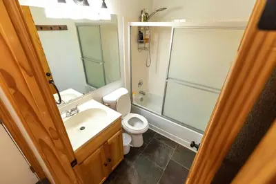 a bathroom with a sink and a toilet and a shower at The Meadows-Cozy Hotel Room Deck in Kirkwood