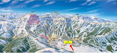 a map of a ski resort with snow covered mountains at The Meadows- Charmed Hotel Unit Steps to Ski Lifts in Kirkwood