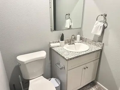 a bathroom with a toilet and a sink and a mirror at Cozy 3 Bedroom Walk to UC Davis Medical Near Midtown in Sacramento
