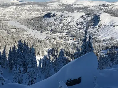 an aerial view of a snow covered mountain at Ski in Ski out Dream Studio Village Mtn Views in Kirkwood